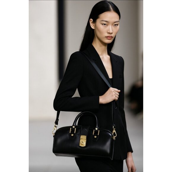 Francesco Rogani Black Leather Structured Handbag Gold Hardware Top Handle - Picture 1 of 16